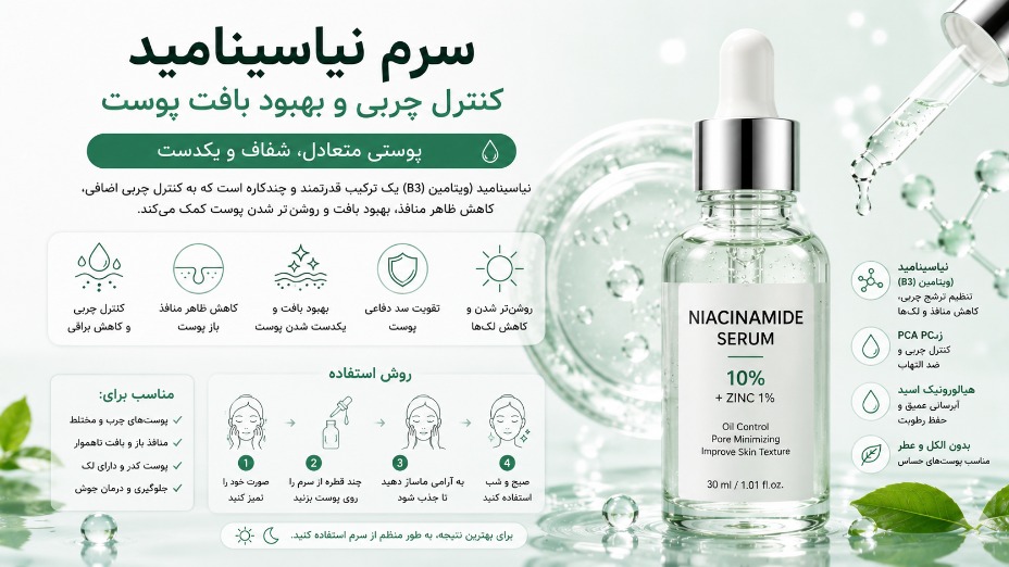 سرم نیاسینامید: کنترل چربی و بهبود بافت پوست